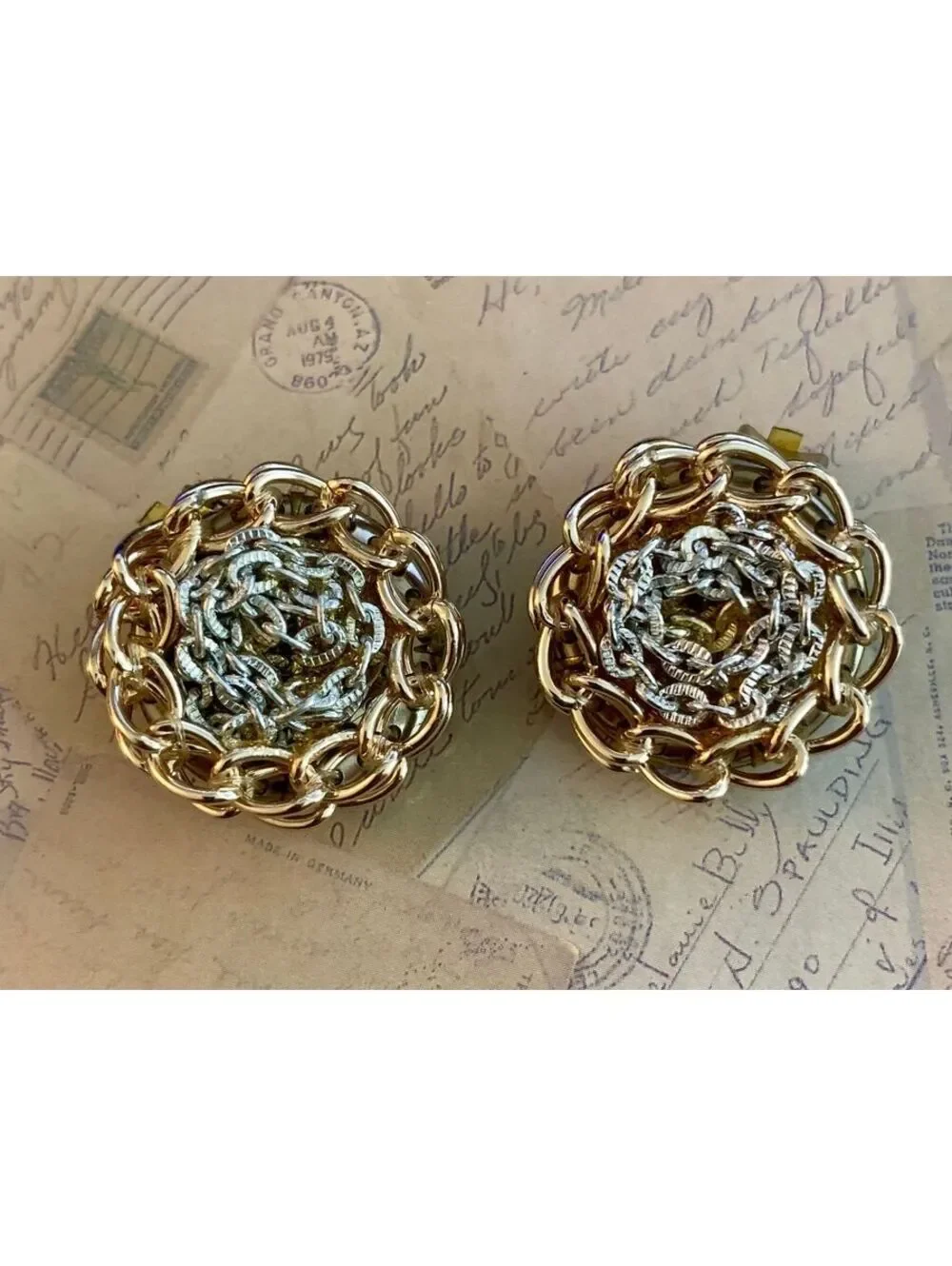 Vintage Signed Germany Effyani Chunky Two-Tone Chain Clip-On Earrings